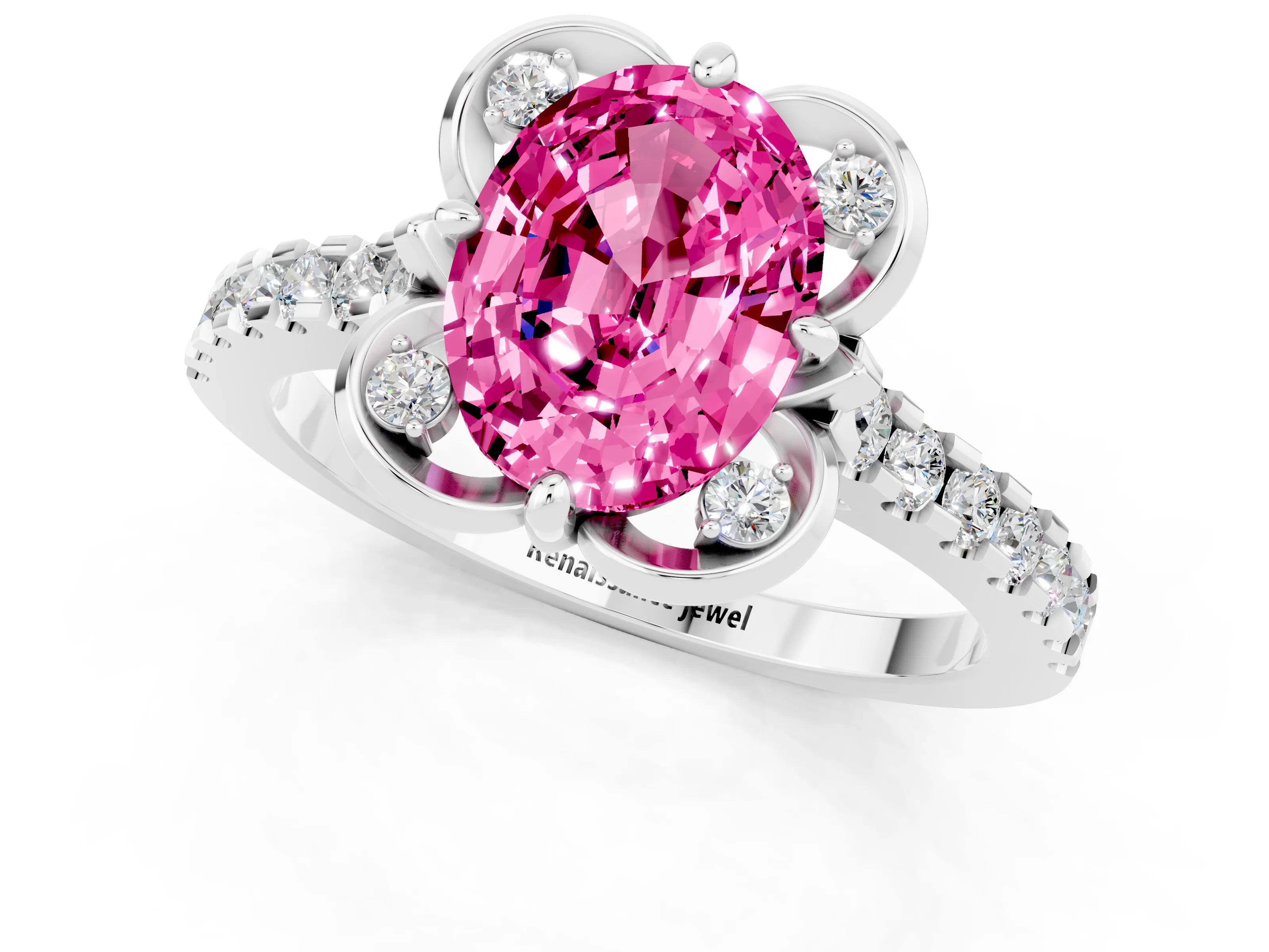 White gold Oval Cut Pink Sapphire Ring with Pavé Band and Floral Prong Setting_1