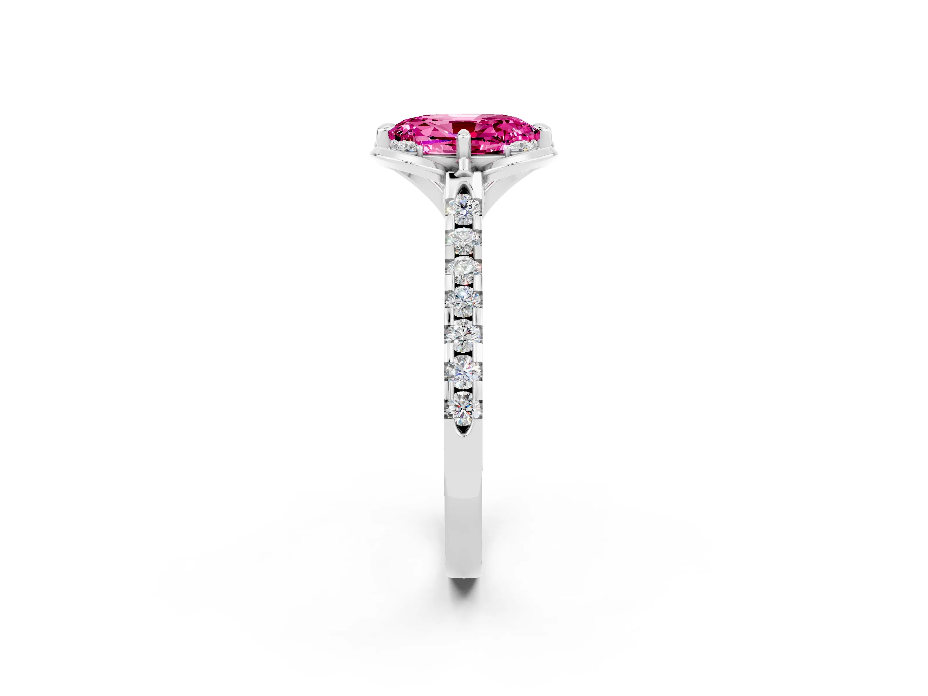 White gold Oval Cut Pink Sapphire Ring with Pavé Band and Floral Prong Setting_2