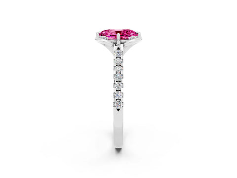 White gold Oval Cut Pink Sapphire Ring with Pavé Band and Floral Prong Setting_2