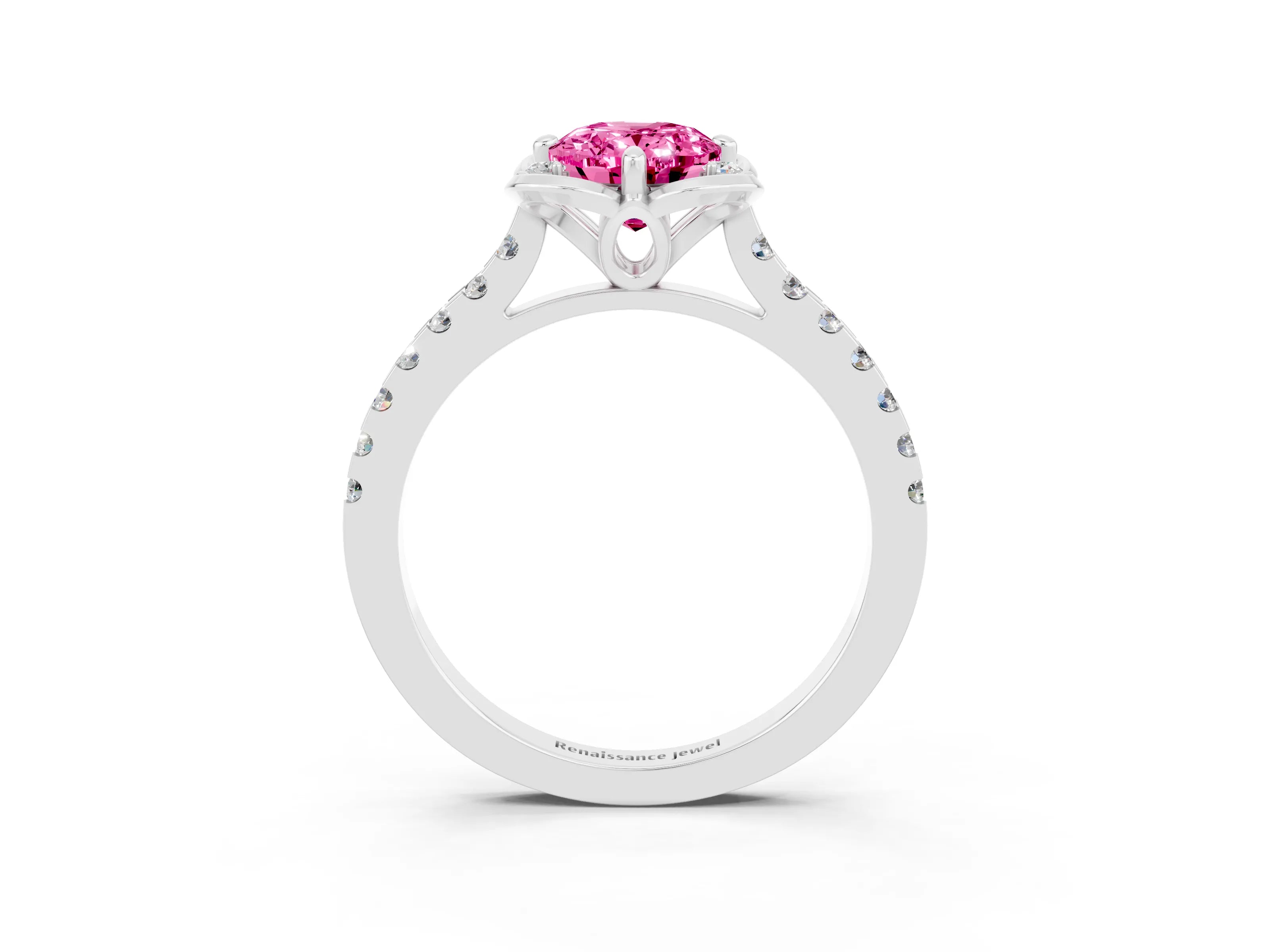 White gold Oval Cut Pink Sapphire Ring with Pavé Band and Floral Prong Setting_3