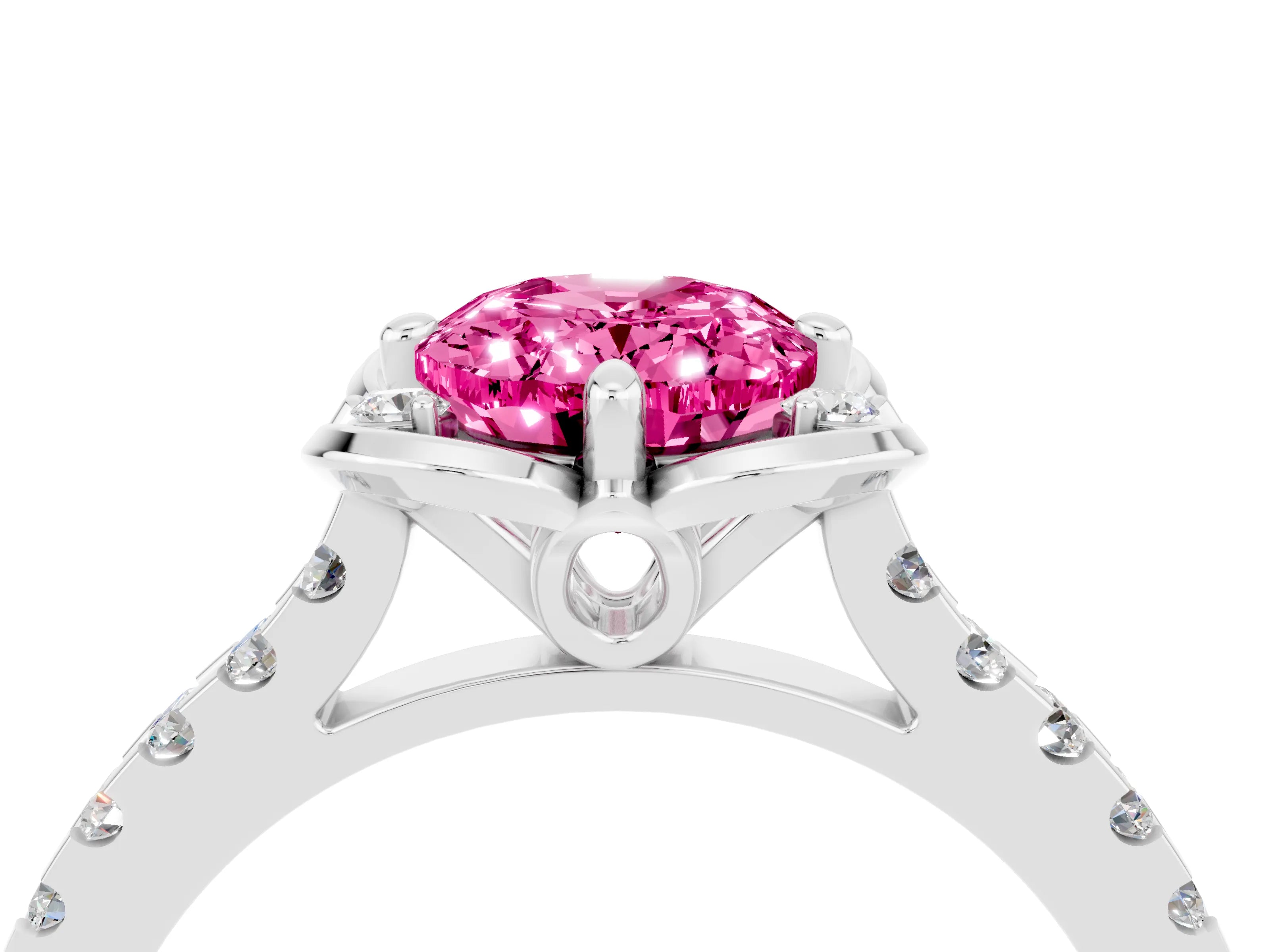 White gold Oval Cut Pink Sapphire Ring with Pavé Band and Floral Prong Setting_4