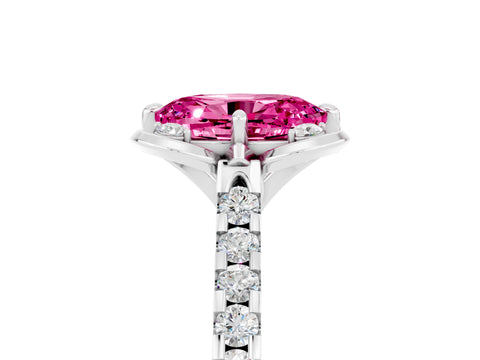 White gold Oval Cut Pink Sapphire Ring with Pavé Band and Floral Prong Setting_5