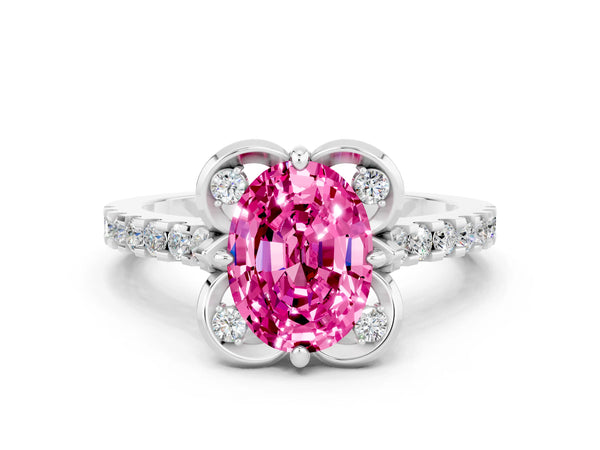 White gold Oval Cut Pink Sapphire Ring with Pavé Band and Floral Prong Setting