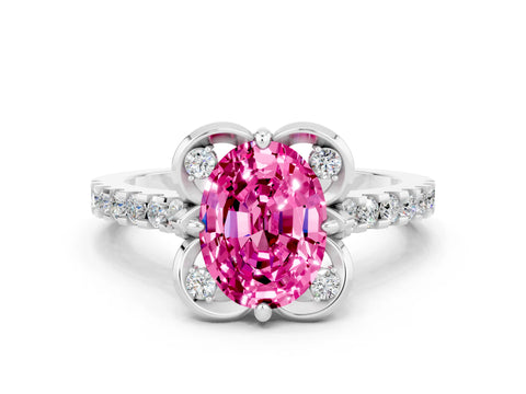 White gold Oval Cut Pink Sapphire Ring with Pavé Band and Floral Prong Setting