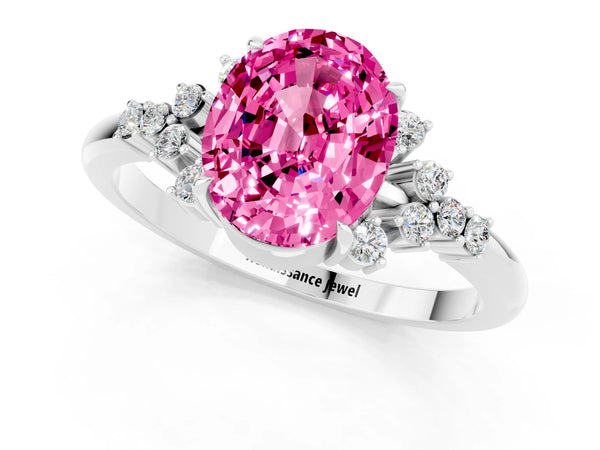 White gold Oval Cut Pink Sapphire Ring with Side Stones and Four-Prong Setting