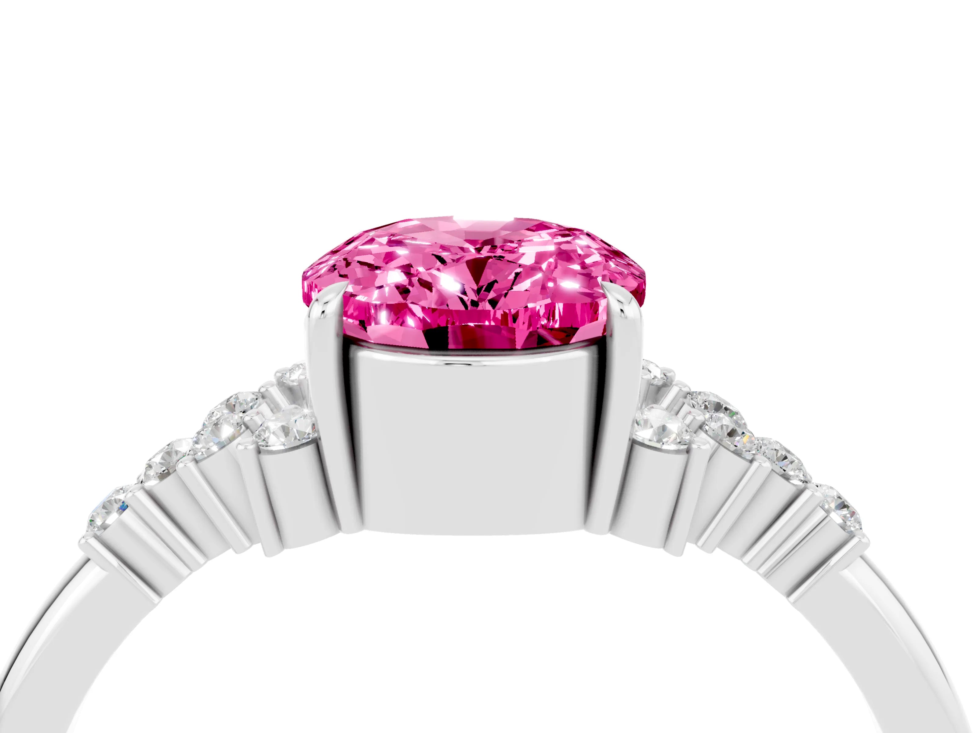 White gold Oval Cut Pink Sapphire Ring with Side Stones and Four-Prong Setting_112