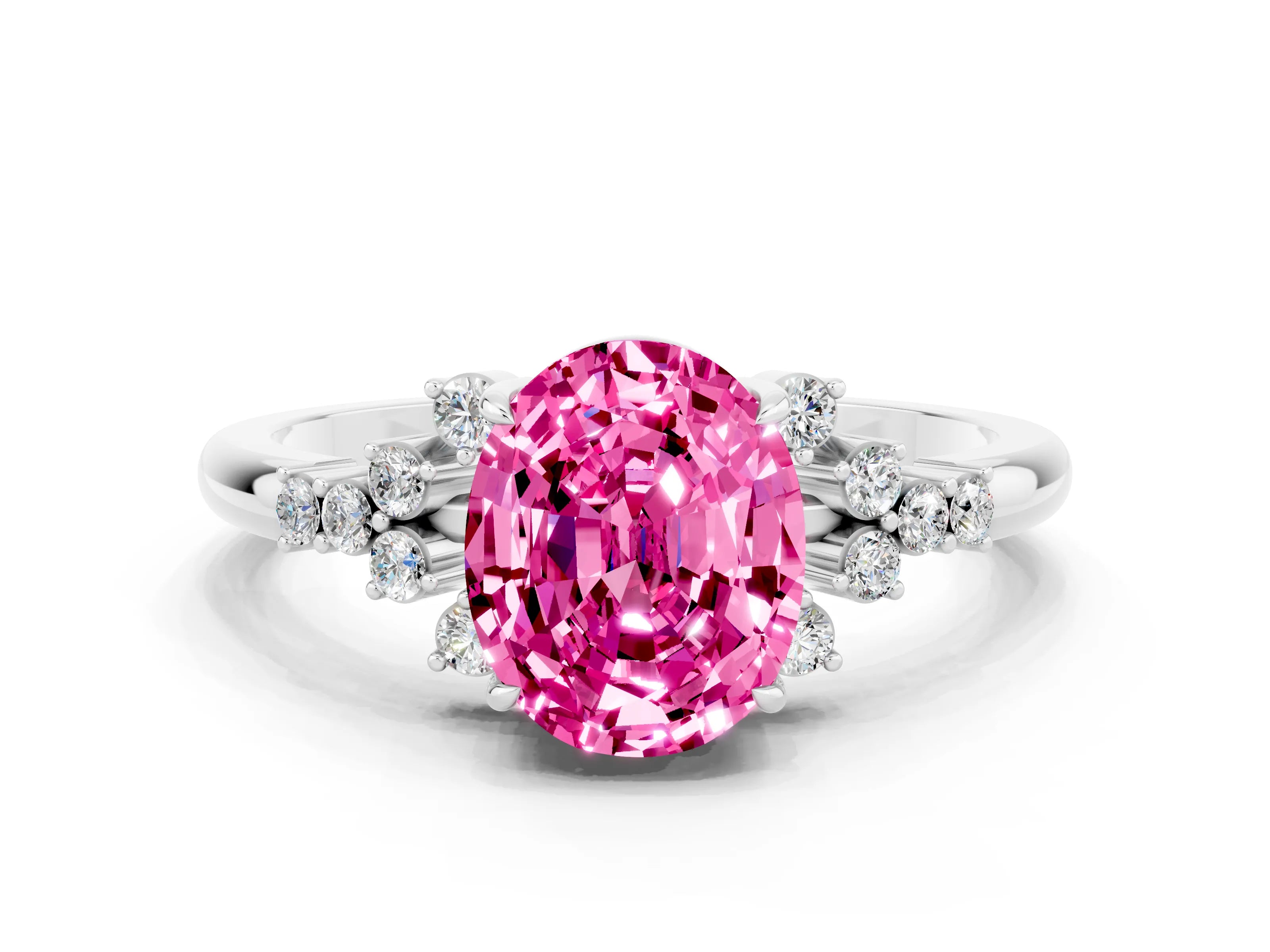 White gold Oval Cut Pink Sapphire Ring with Side Stones and Four-Prong Setting_114