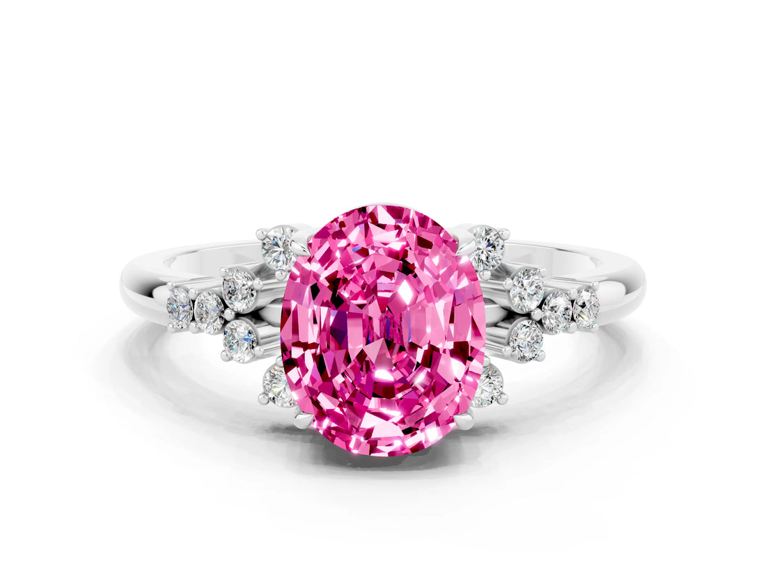 White gold Oval Cut Pink Sapphire Ring with Side Stones and Four-Prong Setting_114