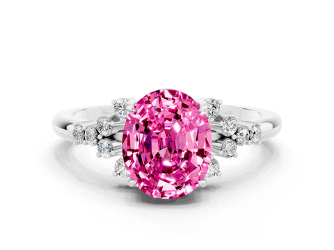 White gold Oval Cut Pink Sapphire Ring with Side Stones and Four-Prong Setting_114