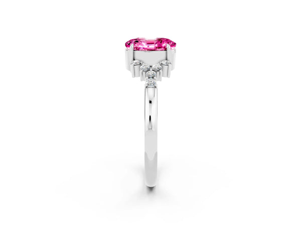 Platinum Oval Cut Pink Sapphire Ring with Side Stones and Four-Prong Setting