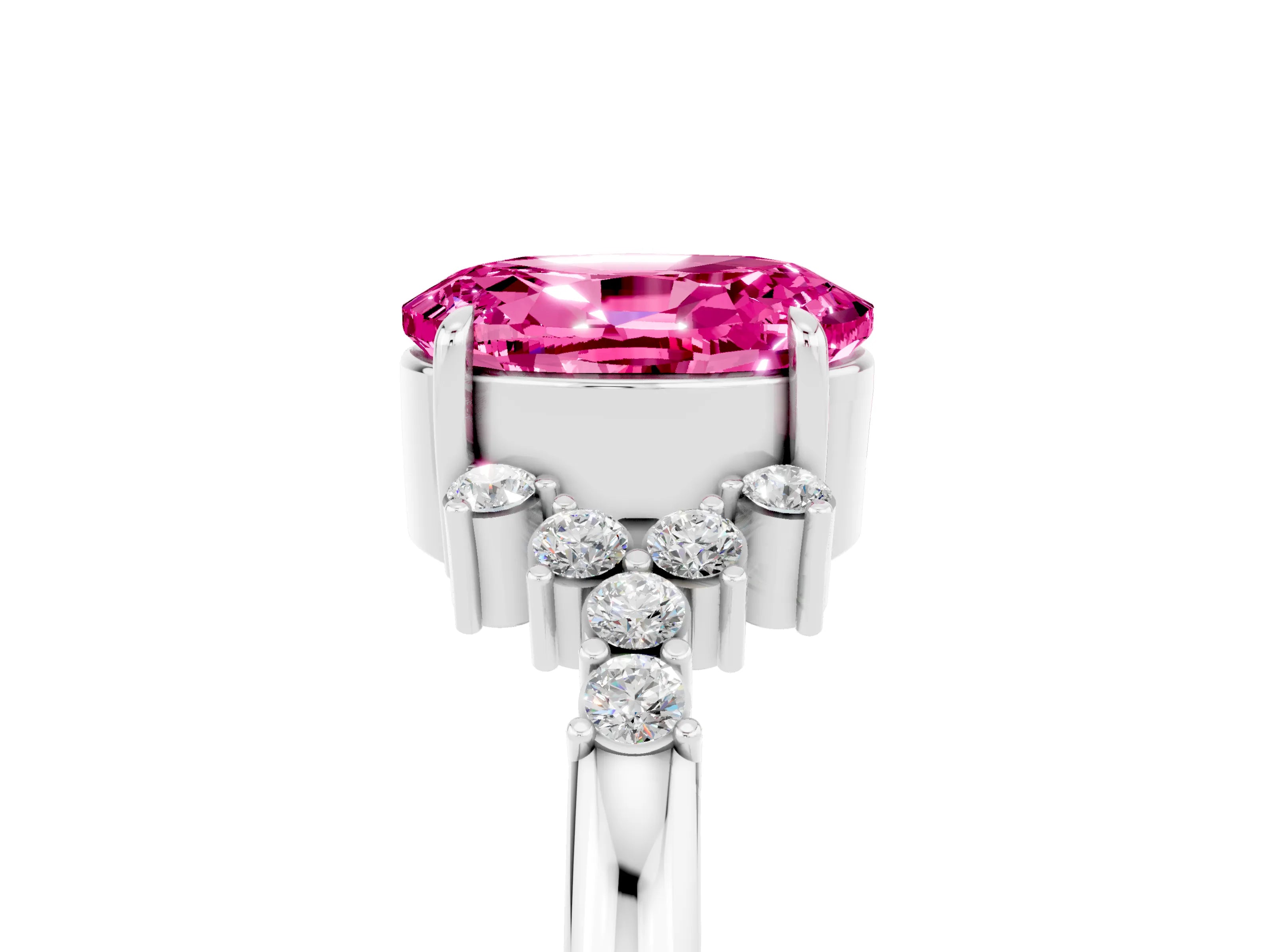 White gold Oval Cut Pink Sapphire Ring with Side Stones and Four-Prong Setting_119