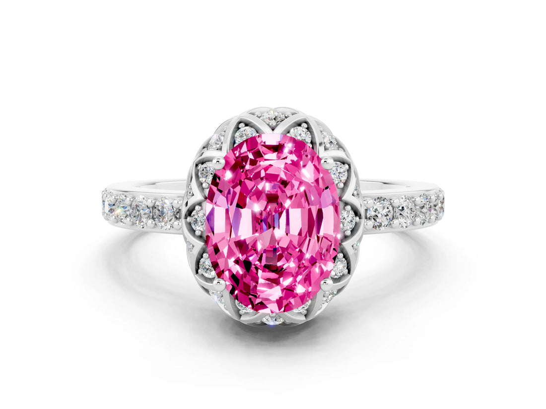 White gold Oval Cut Pink Sapphire Scalloped Halo Engagement Ring with Round Shared Prong Band_12