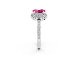 White gold Oval Cut Pink Sapphire Scalloped Halo Engagement Ring with Round Shared Prong Band_14