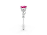 White gold Oval Cut Pink Sapphire Scattered Round Accent Ring with Prong Setting_26