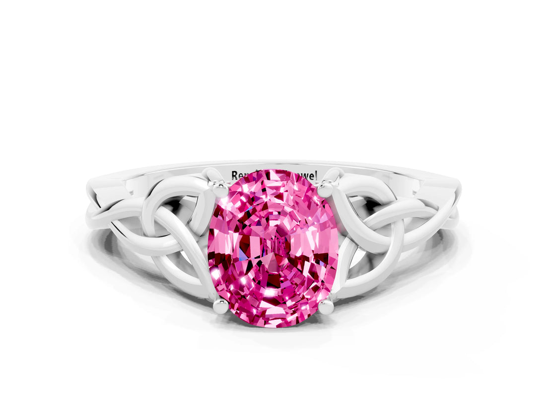 White gold Oval Cut Pink Sapphire Solitaire Celtic Knot Ring with Four-Prong Setting_24