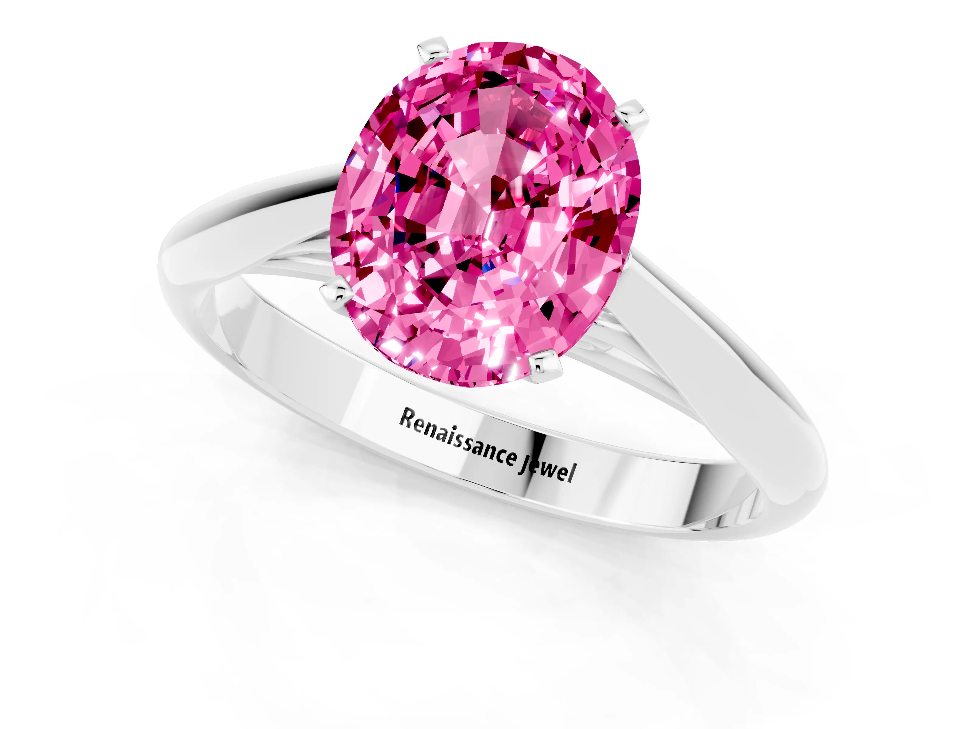 White gold Oval Cut Pink Sapphire Solitaire Engagement Ring with Cathedral Setting and Four-Prong Mount_49