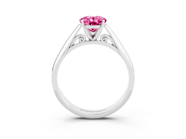 White gold Oval Cut Pink Sapphire Solitaire Engagement Ring with Cathedral Setting and Four-Prong Mount