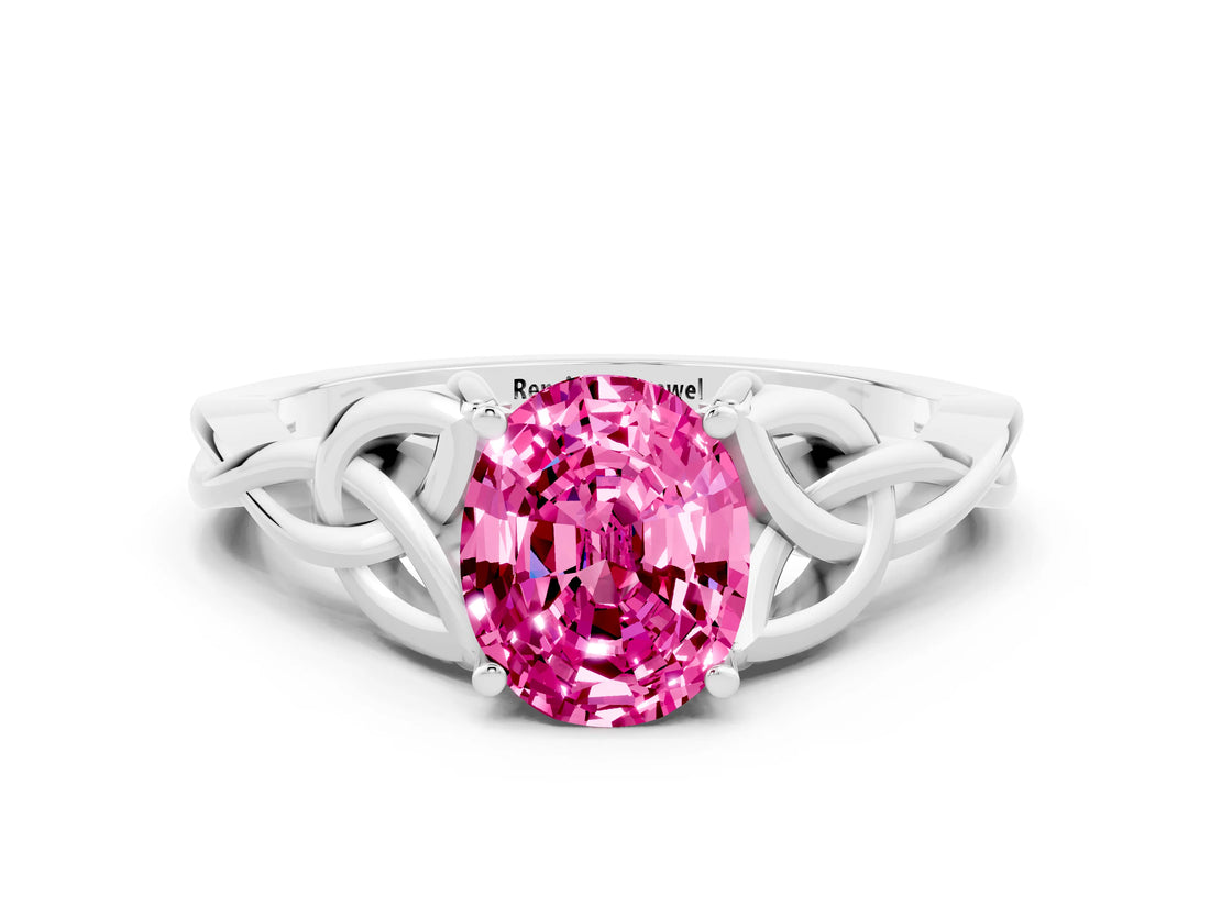 White gold Oval Cut Pink Sapphire Solitaire Engagement Ring with Celtic Knot Band and Four-Prong Setting_24
