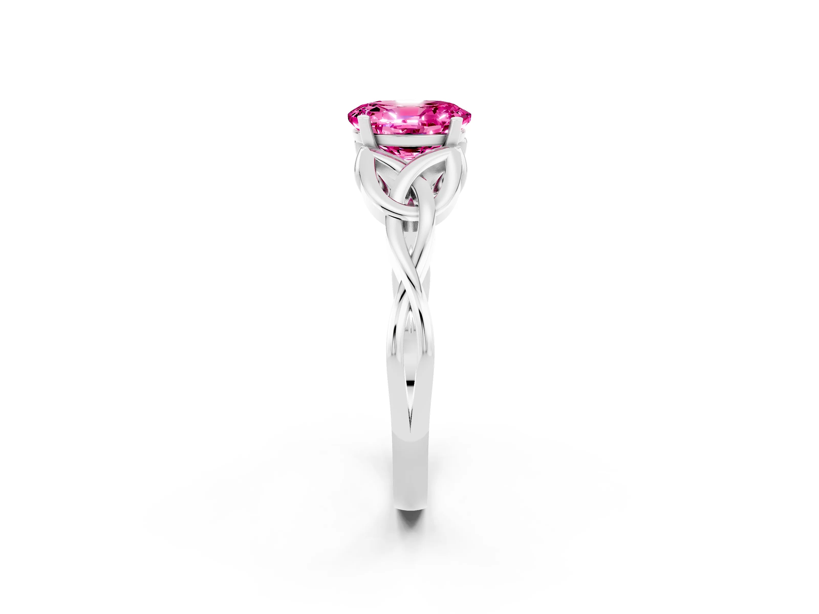 White gold Oval Cut Pink Sapphire Solitaire Engagement Ring with Celtic Knot Band and Four-Prong Setting_26