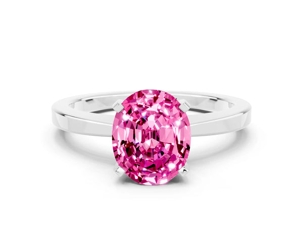 White gold Oval Cut Pink Sapphire Solitaire Engagement Ring with Classic Band and Four-Prong Setting