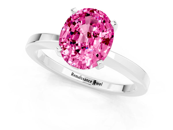 Platinum Oval Cut Pink Sapphire Solitaire Engagement Ring with Classic Band and Four-Prong Setting