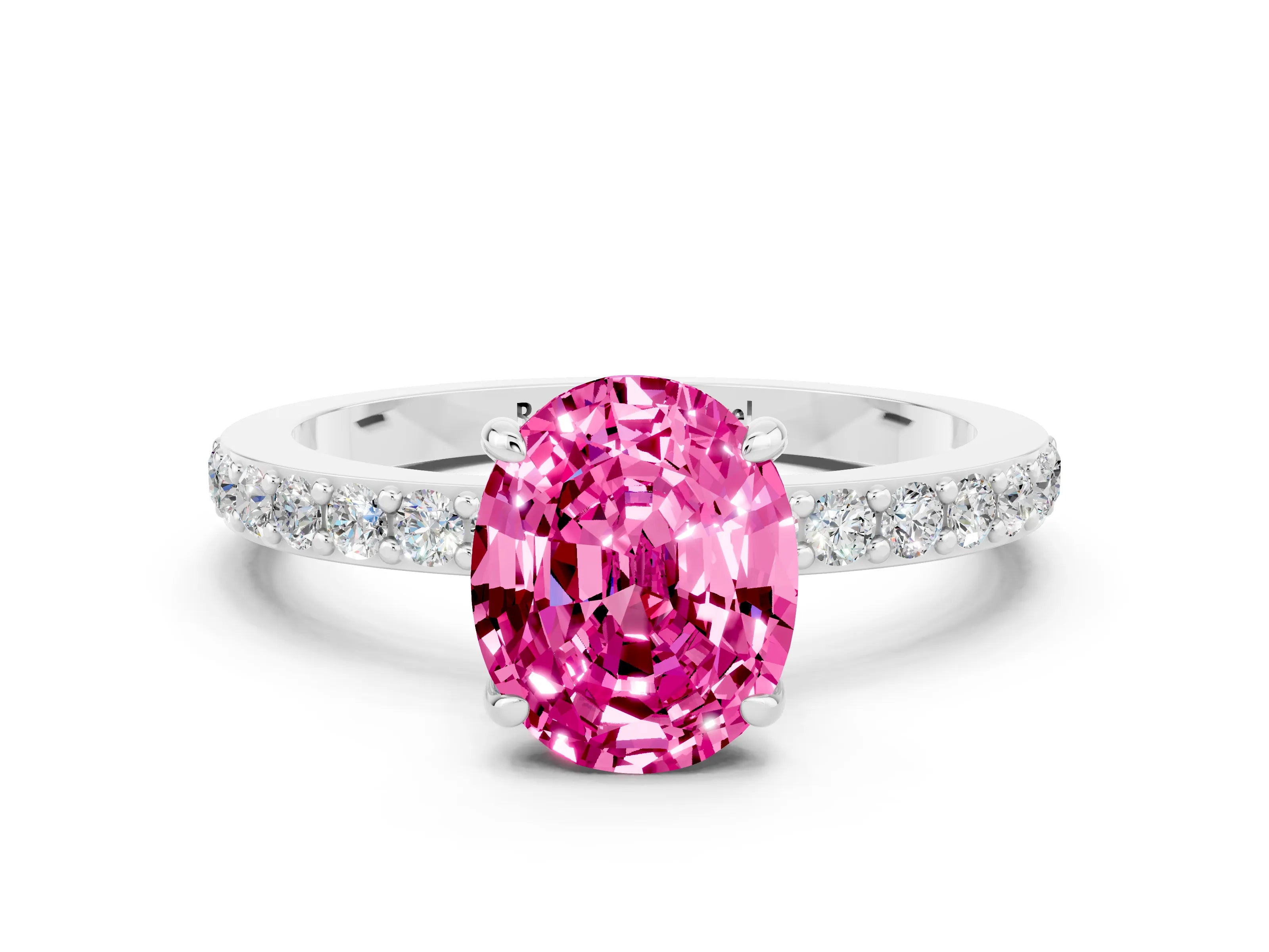 White gold Oval Cut Pink Sapphire Solitaire Engagement Ring with Pavé Band and Four-Prong Setting_24