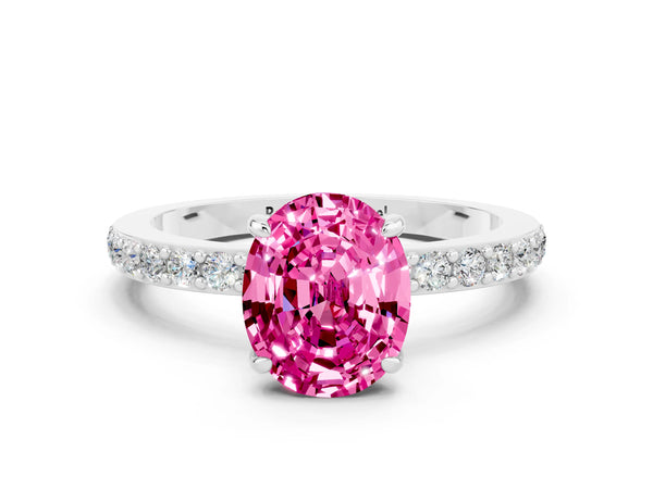 Silver Oval Cut Pink Sapphire Solitaire Engagement Ring with Pavé Band and Four-Prong Setting