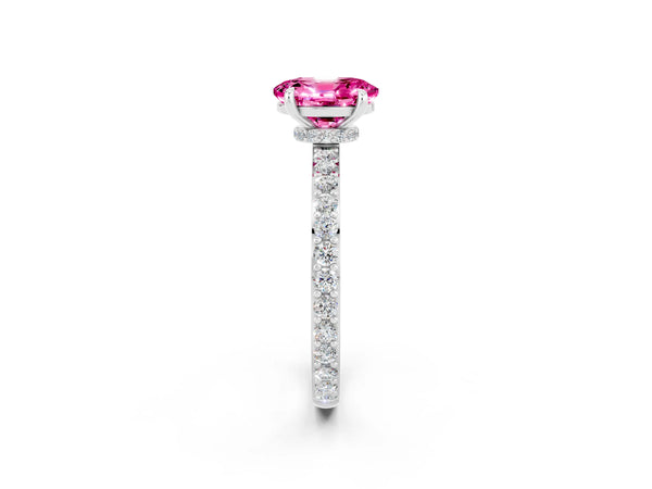 Platinum Oval Cut Pink Sapphire Solitaire Engagement Ring with Pavé Band and Four-Prong Setting