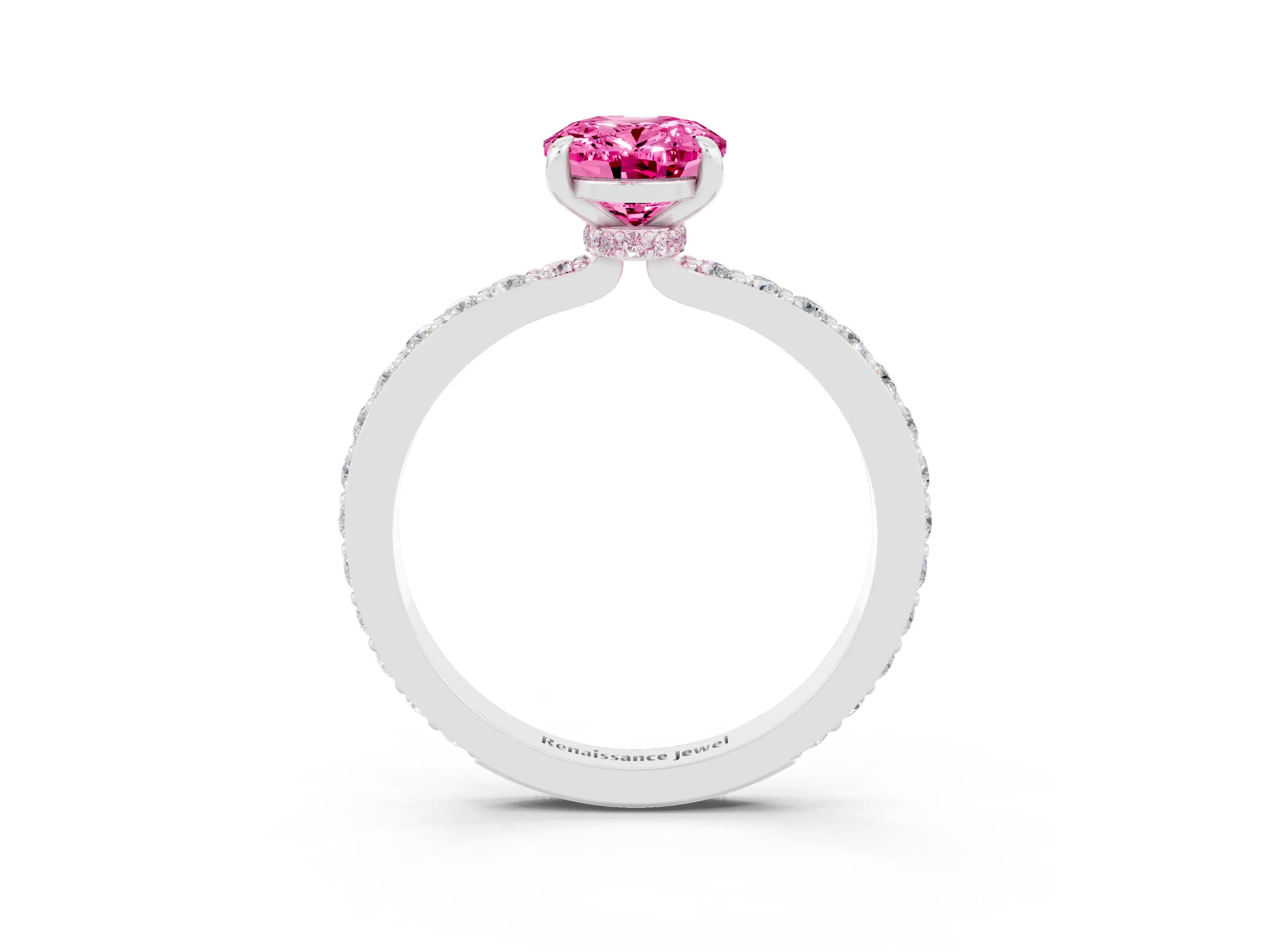 White gold Oval Cut Pink Sapphire Solitaire Engagement Ring with Pavé Band and Four-Prong Setting_27