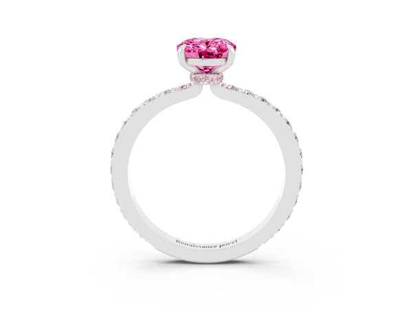 Platinum Oval Cut Pink Sapphire Solitaire Engagement Ring with Pavé Band and Four-Prong Setting