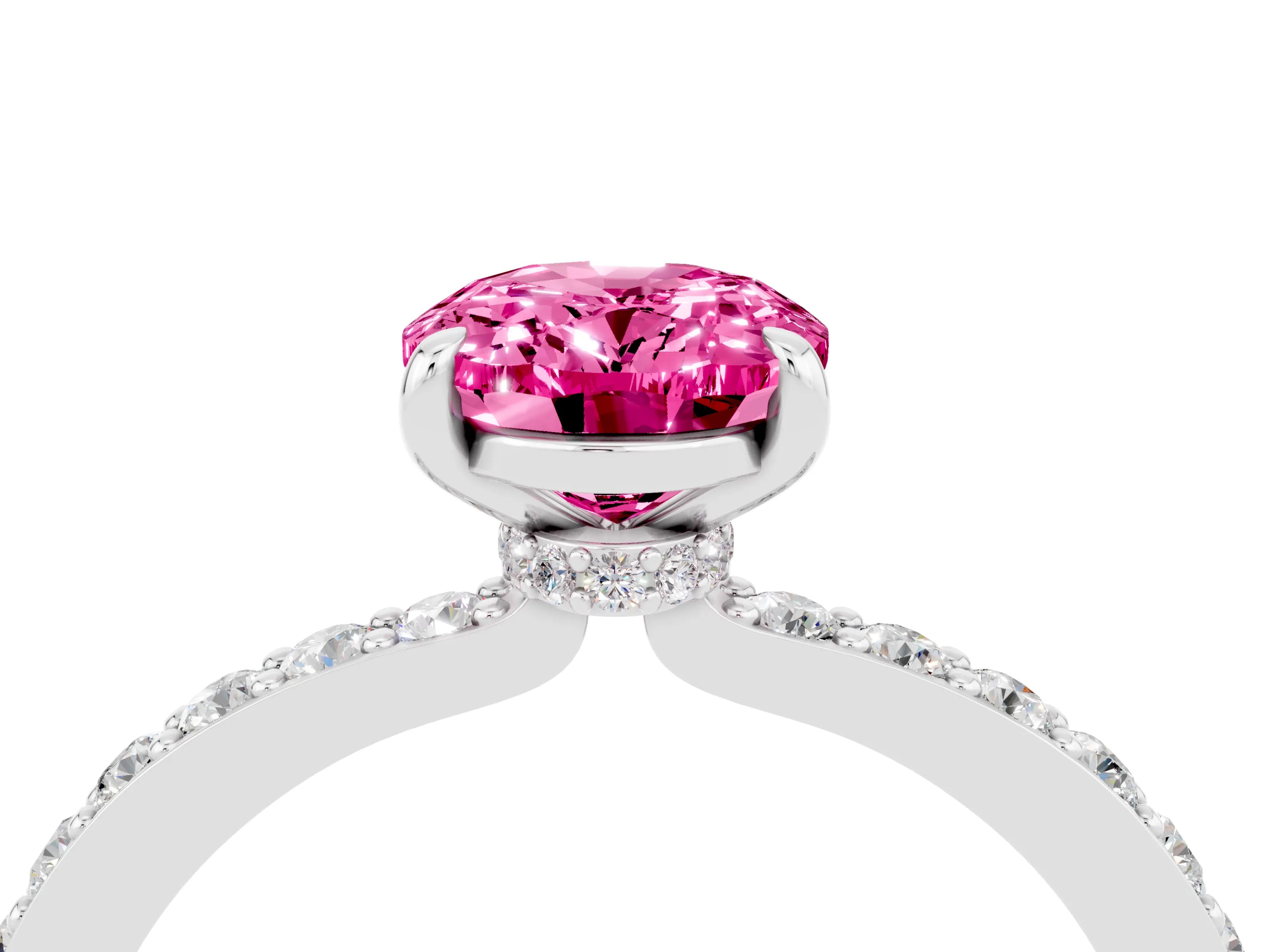 White gold Oval Cut Pink Sapphire Solitaire Engagement Ring with Pavé Band and Four-Prong Setting_28