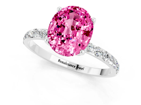 Platinum Oval Cut Pink Sapphire Solitaire Engagement Ring with Round  Pavé Band and Prong Setting