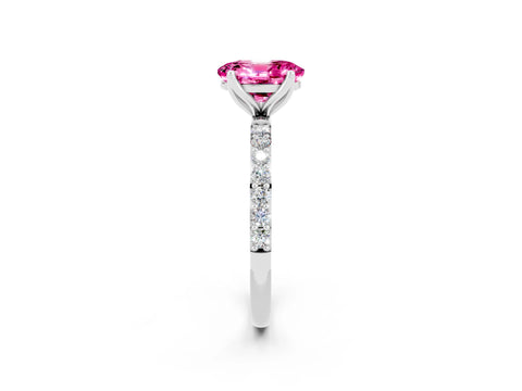 White gold Oval Cut Pink Sapphire Solitaire Engagement Ring with Pavé Band and Prong Setting_2