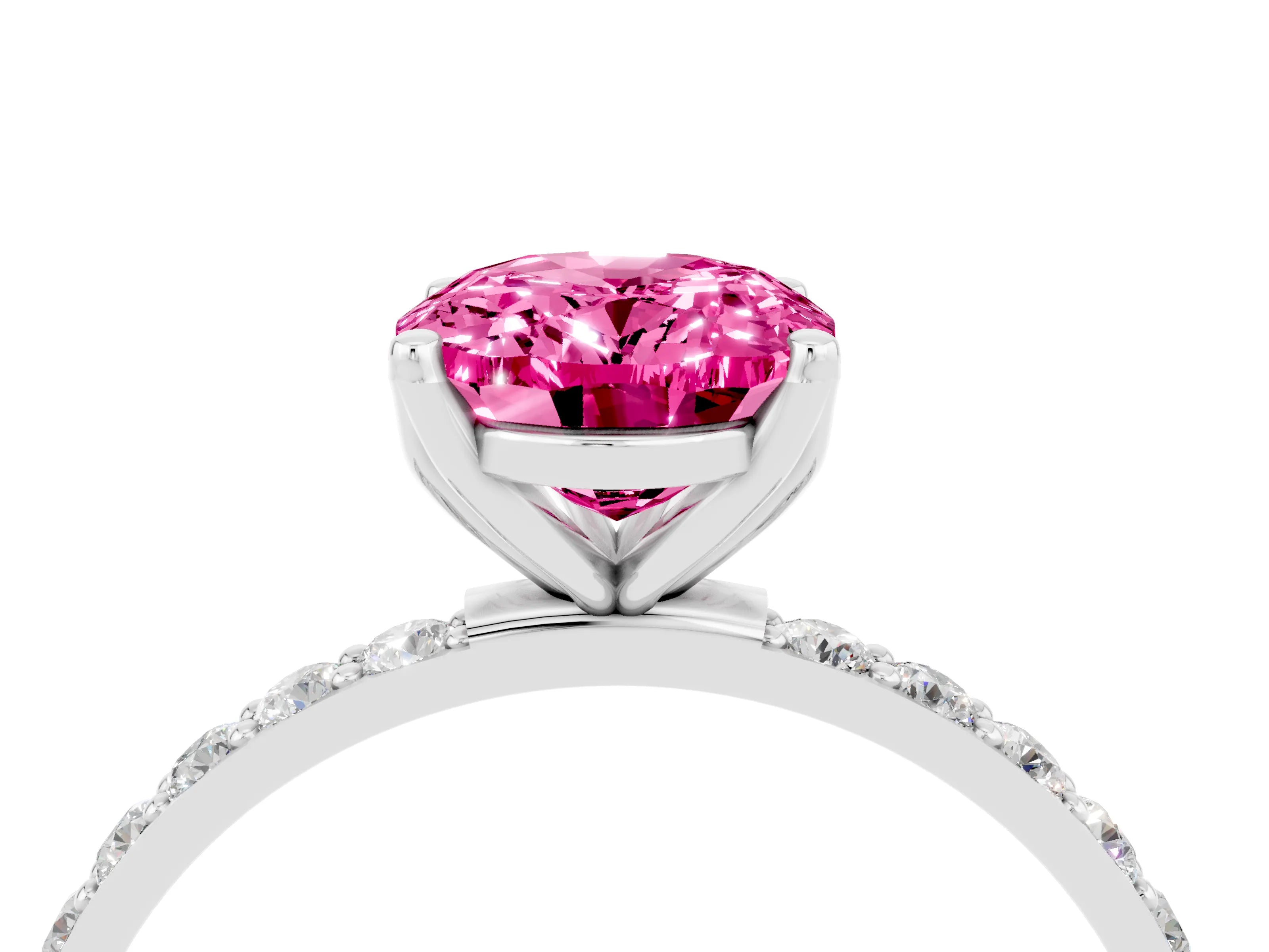 White gold Oval Cut Pink Sapphire Solitaire Engagement Ring with Pavé Band and Prong Setting_4