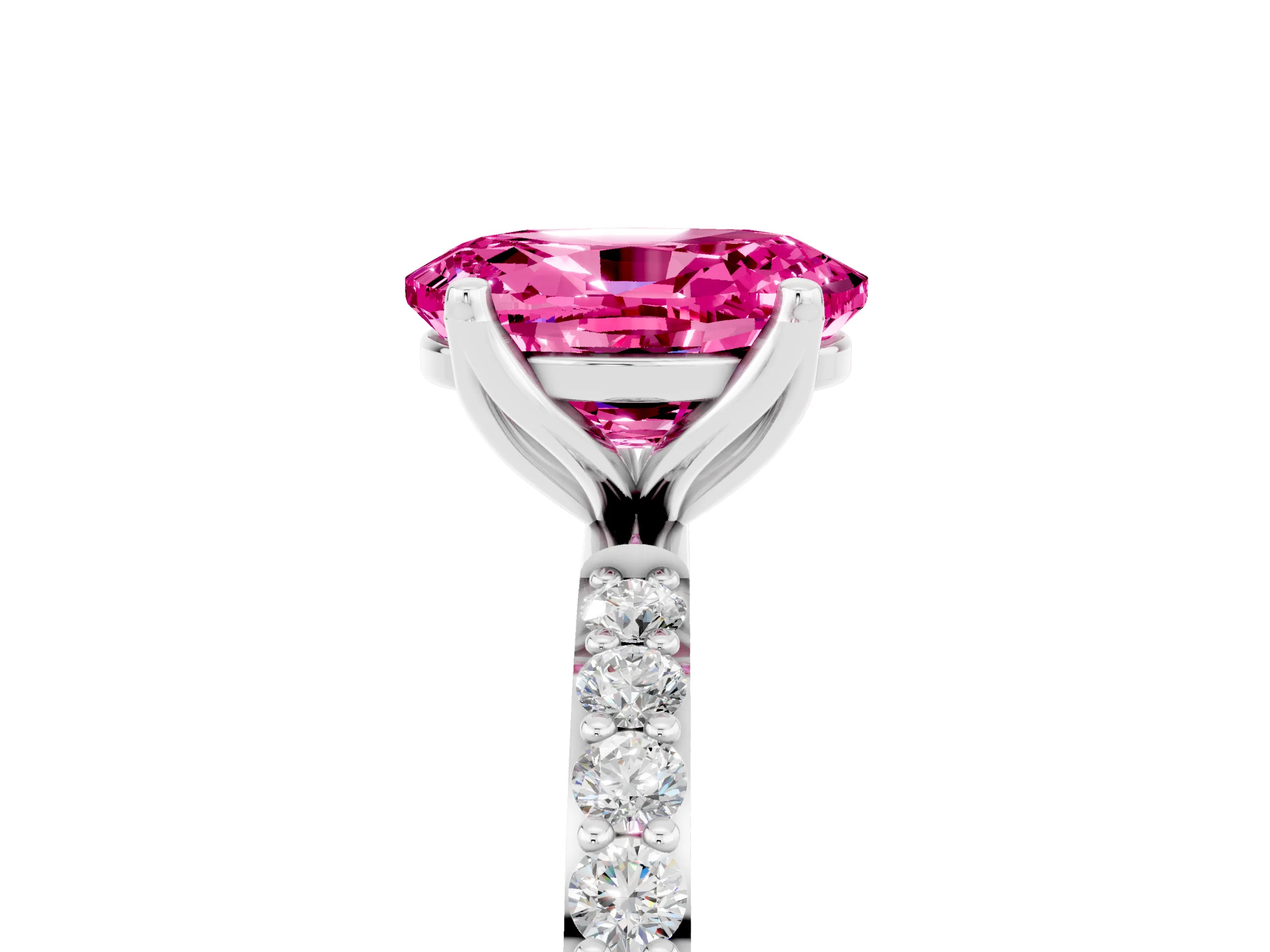 White gold Oval Cut Pink Sapphire Solitaire Engagement Ring with Pavé Band and Prong Setting_5