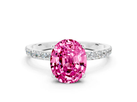 White gold Oval Cut Pink Sapphire Solitaire Engagement Ring with Pavé Band and Prong Setting