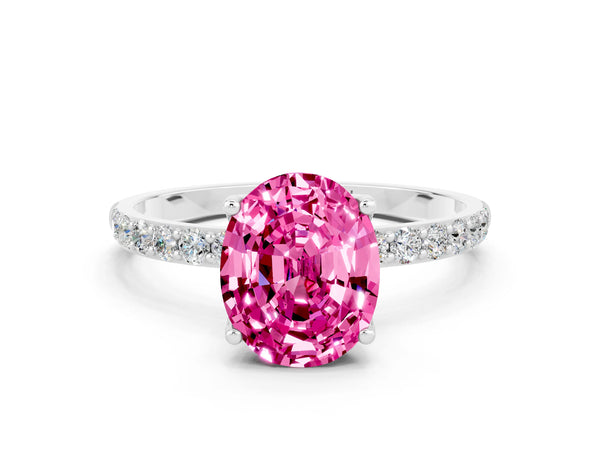 Silver Oval Cut Pink Sapphire Solitaire Engagement Ring with Round  Pavé Band and Prong Setting
