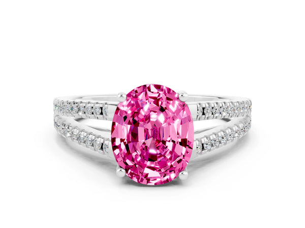 Silver Oval Cut Pink Sapphire Solitaire Engagement Ring with Split Shank Pavé Band