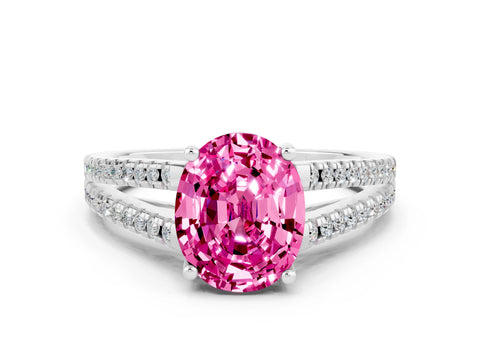 White gold Oval Cut Pink Sapphire Solitaire Engagement Ring with Split Shank Pavé Band_12