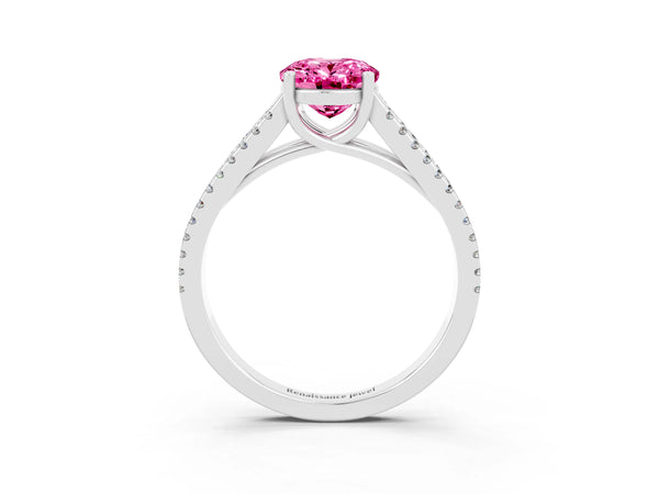 Silver Oval Cut Pink Sapphire Solitaire Engagement Ring with Split Shank Pavé Band