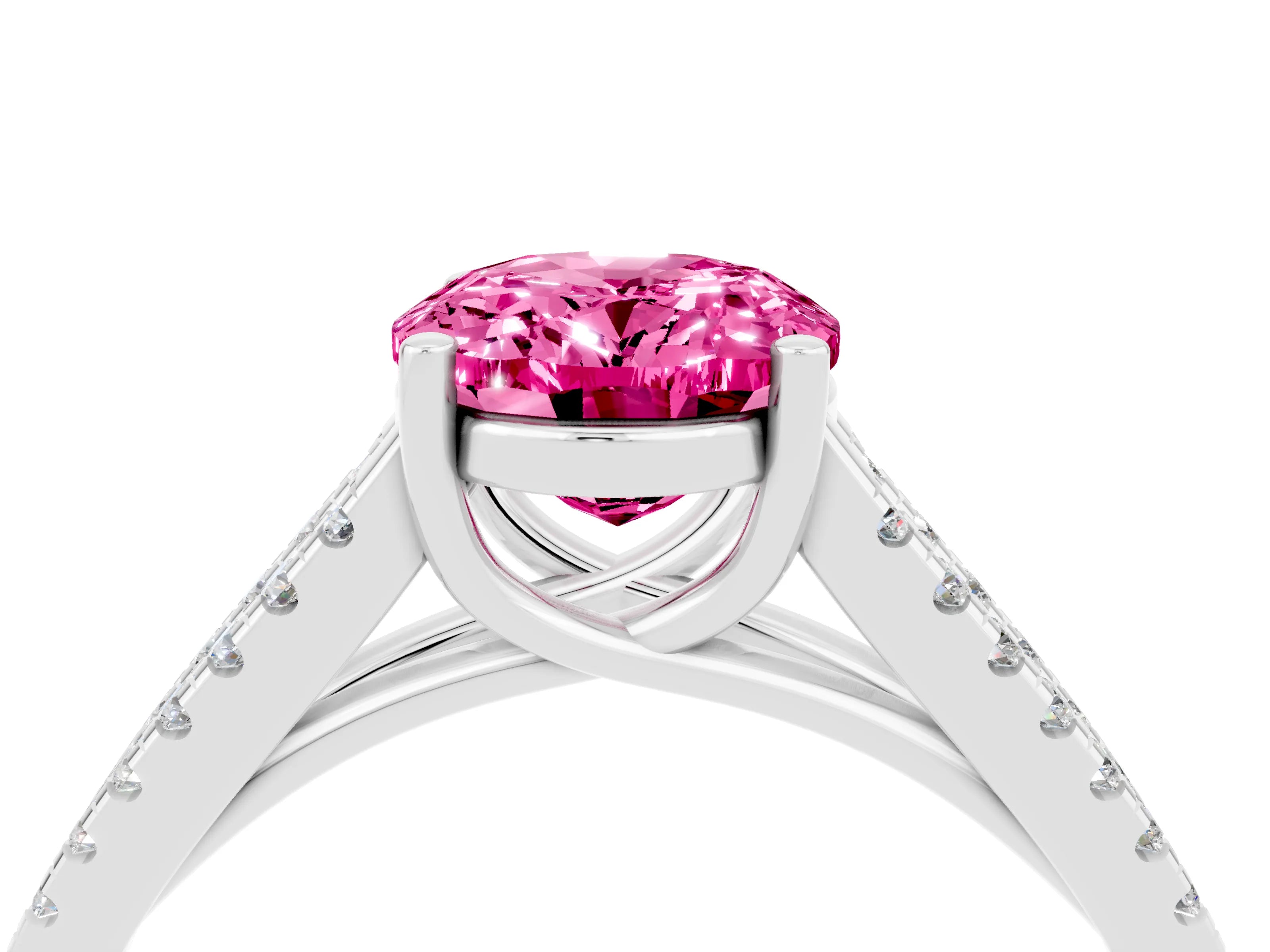 White gold Oval Cut Pink Sapphire Solitaire Engagement Ring with Split Shank Pavé Band_16