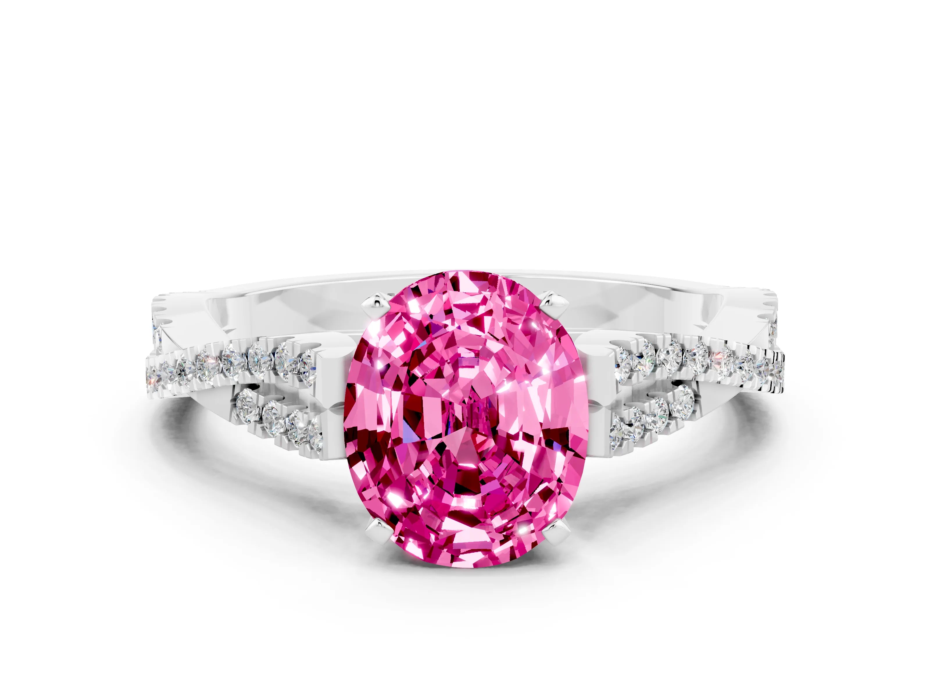 White gold Oval Cut Pink Sapphire Solitaire Engagement Ring with Twisted Pavé Band and Four-Prong Setting_12