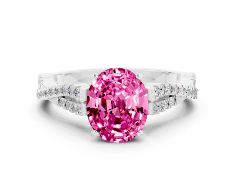 White gold Oval Cut Pink Sapphire Solitaire Engagement Ring with Twisted Pavé Band and Four-Prong Setting_12