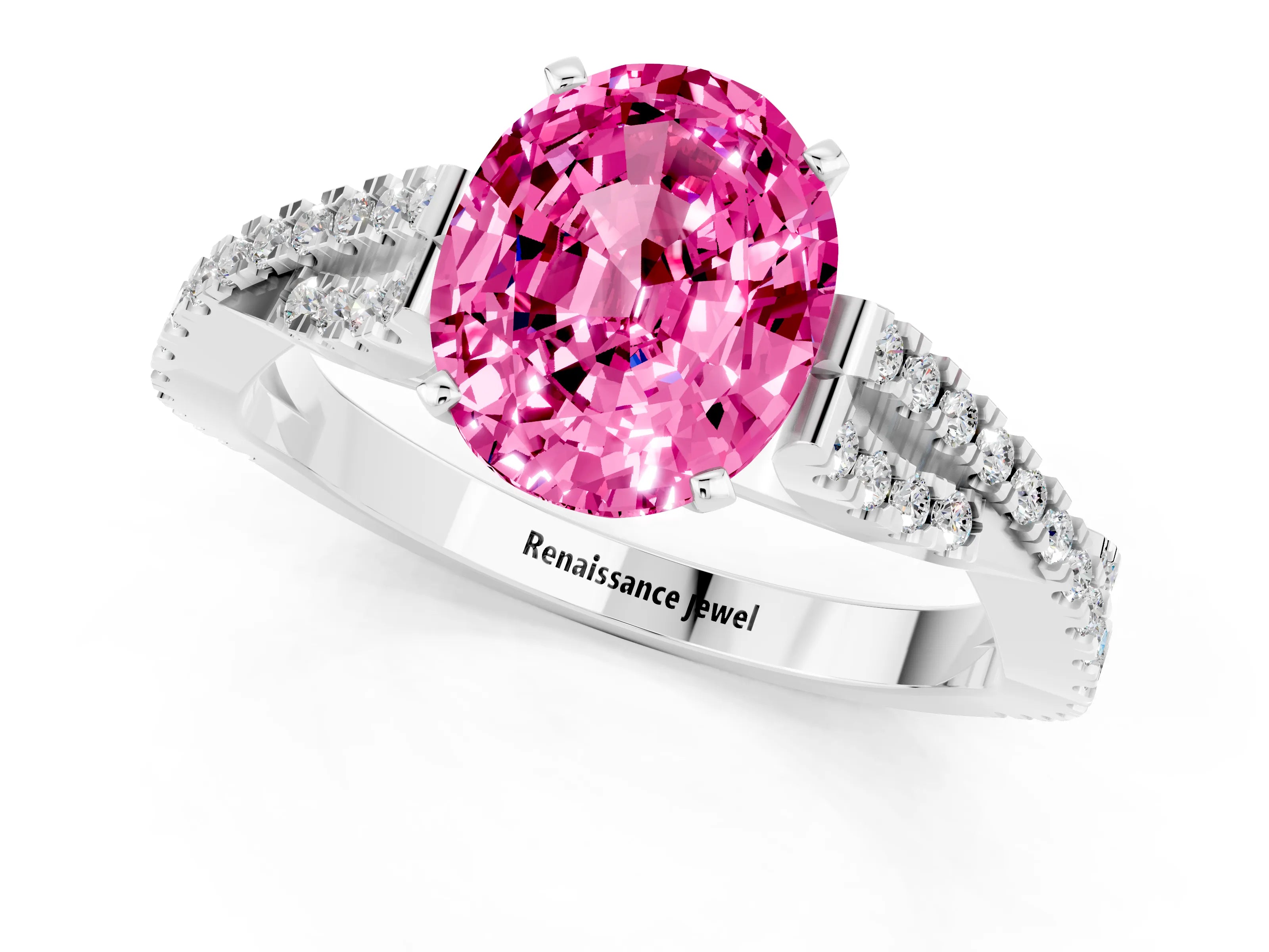White gold Oval Cut Pink Sapphire Solitaire Engagement Ring with Twisted Pavé Band and Four-Prong Setting_13