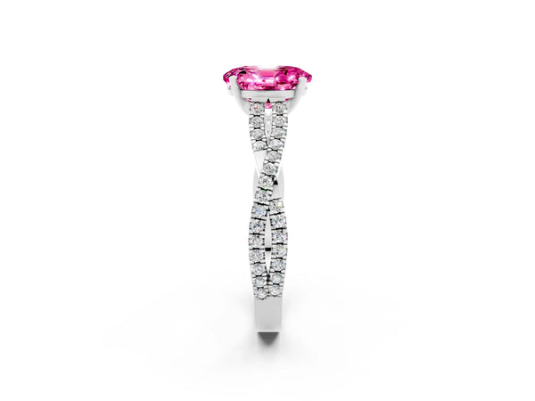 White gold Oval Cut Pink Sapphire Solitaire Engagement Ring with Twisted Pavé Band and Four-Prong Setting