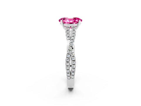 White gold Oval Cut Pink Sapphire Solitaire Engagement Ring with Twisted Pavé Band and Four-Prong Setting_14