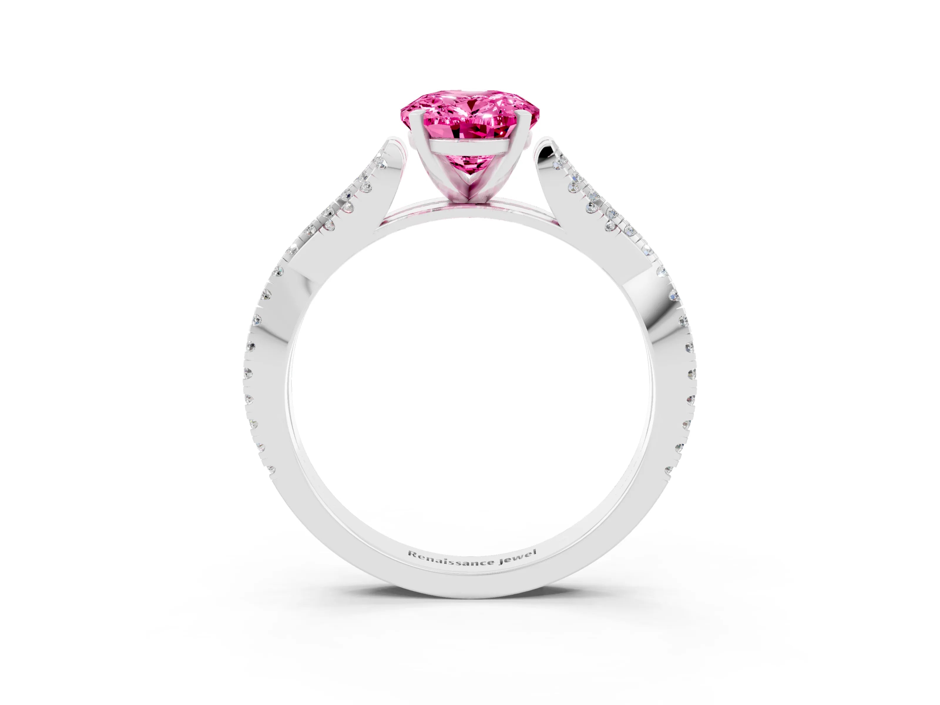White gold Oval Cut Pink Sapphire Solitaire Engagement Ring with Twisted Pavé Band and Four-Prong Setting_15