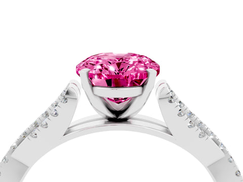White gold Oval Cut Pink Sapphire Solitaire Engagement Ring with Twisted Pavé Band and Four-Prong Setting_16
