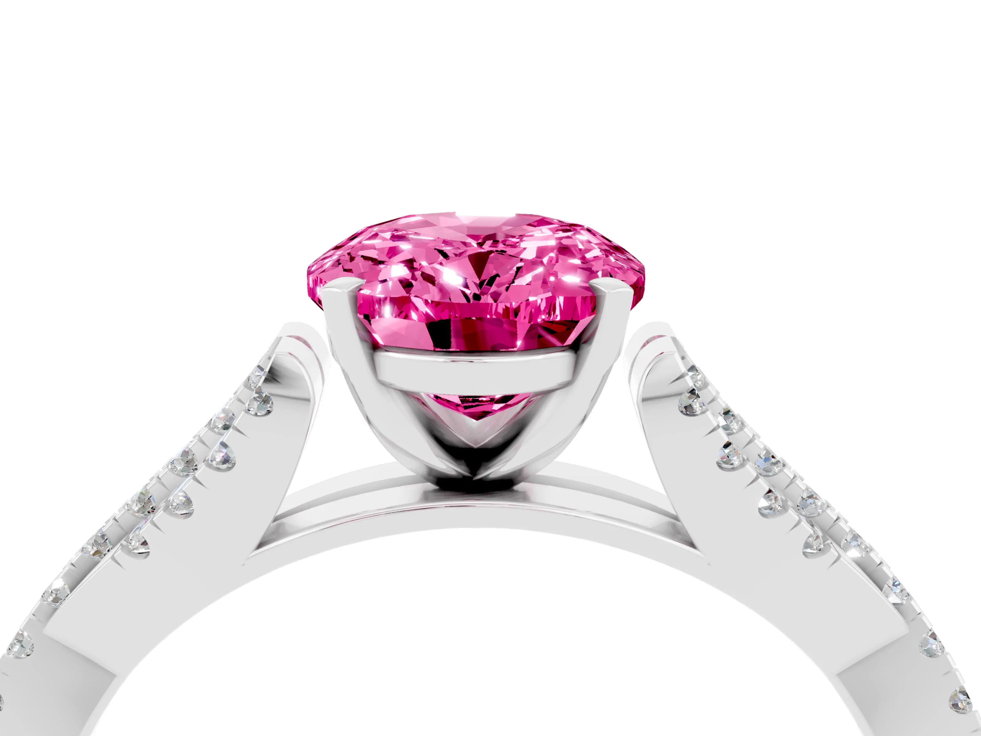 White gold Oval Cut Pink Sapphire Solitaire Engagement Ring with Twisted Pavé Band and Four-Prong Setting_16