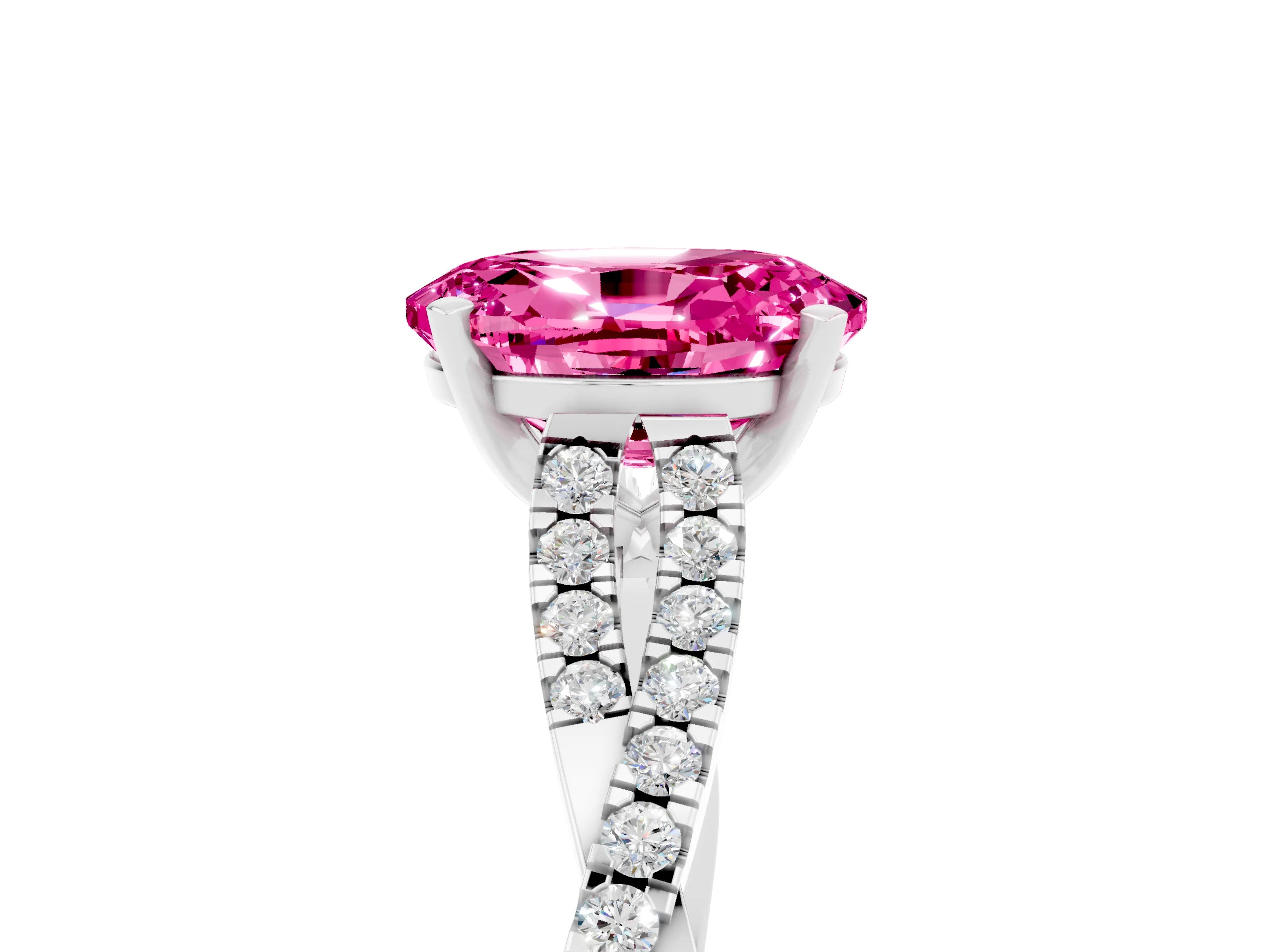 White gold Oval Cut Pink Sapphire Solitaire Engagement Ring with Twisted Pavé Band and Four-Prong Setting_17